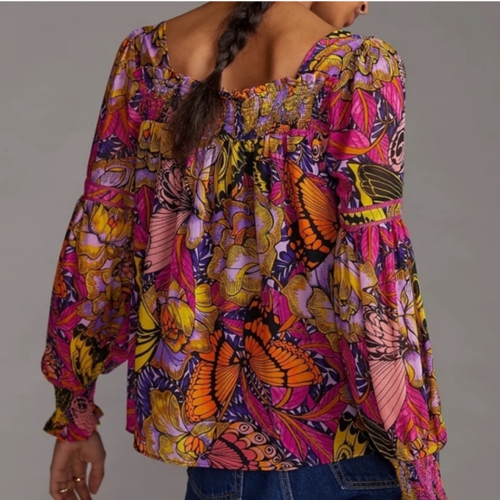 Anthropologie Alexandra Farmer Floral Butterfly Smocked Puff Sleeve Blouse XL - Picture 3 of 10
